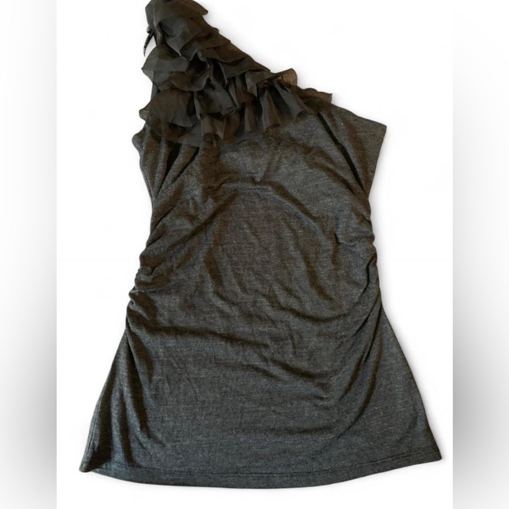 NWT MM Couture Charcoal Gray Ruched One-Shoulder Ruffle Tank Top - Small
